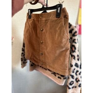 Feather 4 Arrow Corduroy Button Front Skirt & Fuzzy Leopard Print Sweater Set